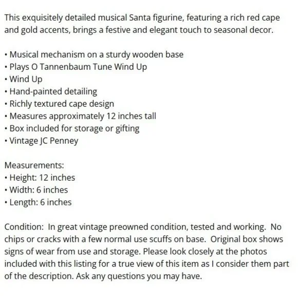 Vtg Musical Santa Figurine Wooden Base 12" Tall O Tannenbaum Wind Up Red Cape - Picture 16 of 16